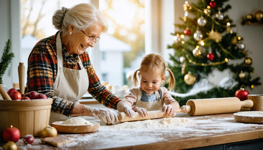 A grandmother and child smiling as they roll out sugar cookie dough on a wooden table filled with baking tools, with sunlight streaming through a window, encapsulating a warm, nostalgic holiday kitchen setting.