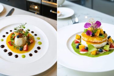 Split-screen image showing the contrast between a simple and an artistic arrangement of the same dish on a white plate, illustrating how plating can elevate home-cooked meals into restaurant-quality presentations.