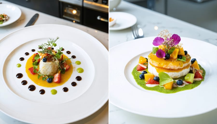 Split-screen image showing the contrast between a simple and an artistic arrangement of the same dish on a white plate, illustrating how plating can elevate home-cooked meals into restaurant-quality presentations.