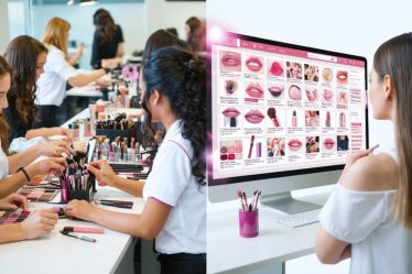 Dual-view of a beauty education class with in-person training on one side and an online virtual course on the other, illustrating the hybrid learning approach in beauty education.