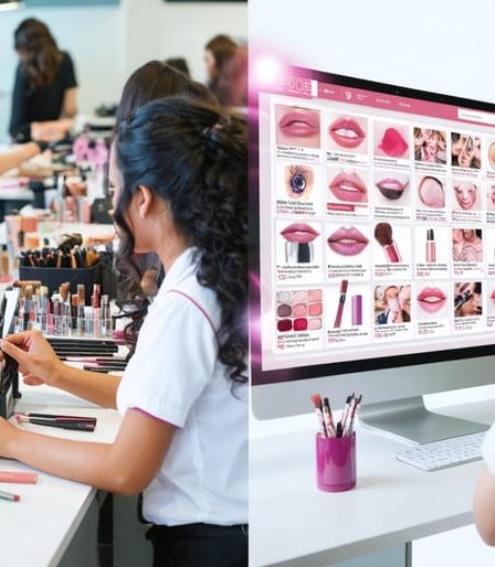 Dual-view of a beauty education class with in-person training on one side and an online virtual course on the other, illustrating the hybrid learning approach in beauty education.