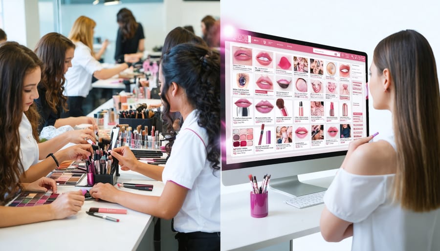 Dual-view of a beauty education class with in-person training on one side and an online virtual course on the other, illustrating the hybrid learning approach in beauty education.