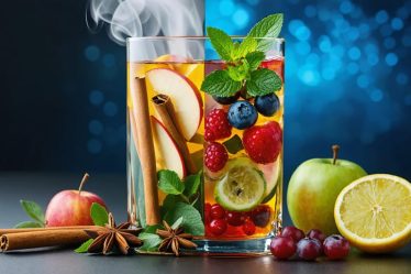 A visually captivating image depicting a glass container with apples, cinnamon, and star anise on one side, and berries, mint, and citrus on the other, representing hot and cold infusion methods.