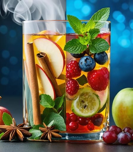A visually captivating image depicting a glass container with apples, cinnamon, and star anise on one side, and berries, mint, and citrus on the other, representing hot and cold infusion methods.