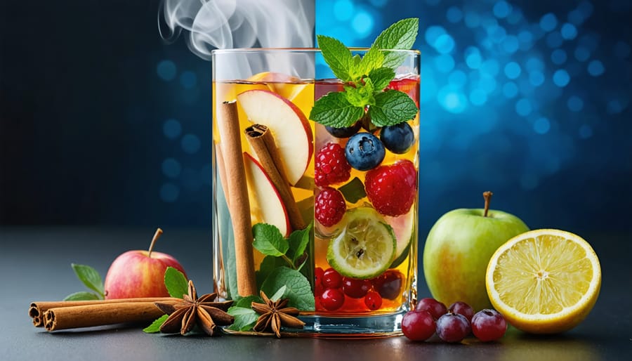 A visually captivating image depicting a glass container with apples, cinnamon, and star anise on one side, and berries, mint, and citrus on the other, representing hot and cold infusion methods.