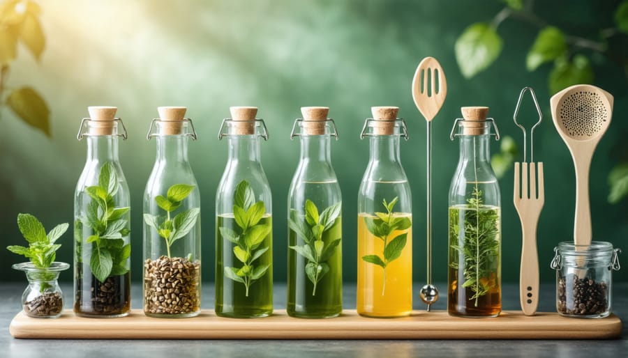 Essential tools and equipment needed for making infused beverages laid out on a wooden surface