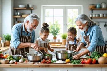A heartwarming scene of a multi-generational family in a kitchen, with grandparents, parents, and children collaborating on a cooking project surrounded by both traditional recipe cards and modern gadgets.