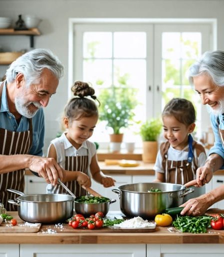 A heartwarming scene of a multi-generational family in a kitchen, with grandparents, parents, and children collaborating on a cooking project surrounded by both traditional recipe cards and modern gadgets.