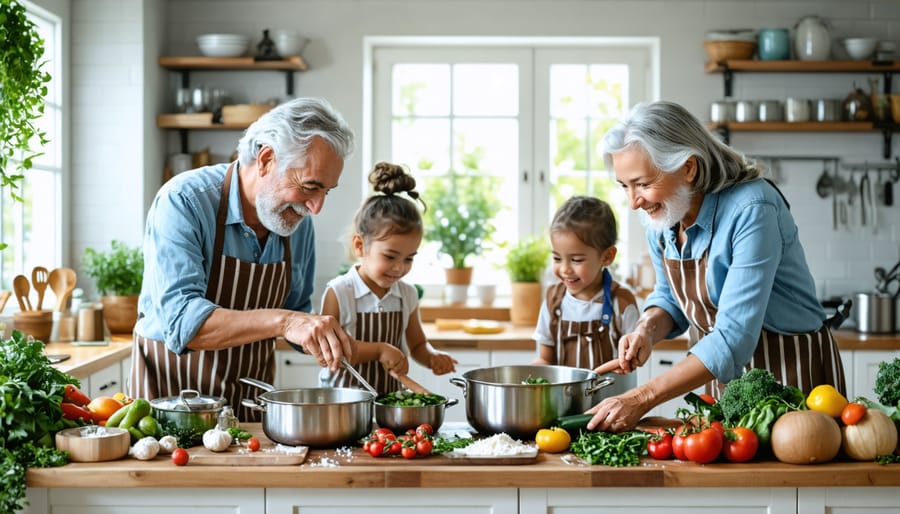 A heartwarming scene of a multi-generational family in a kitchen, with grandparents, parents, and children collaborating on a cooking project surrounded by both traditional recipe cards and modern gadgets.