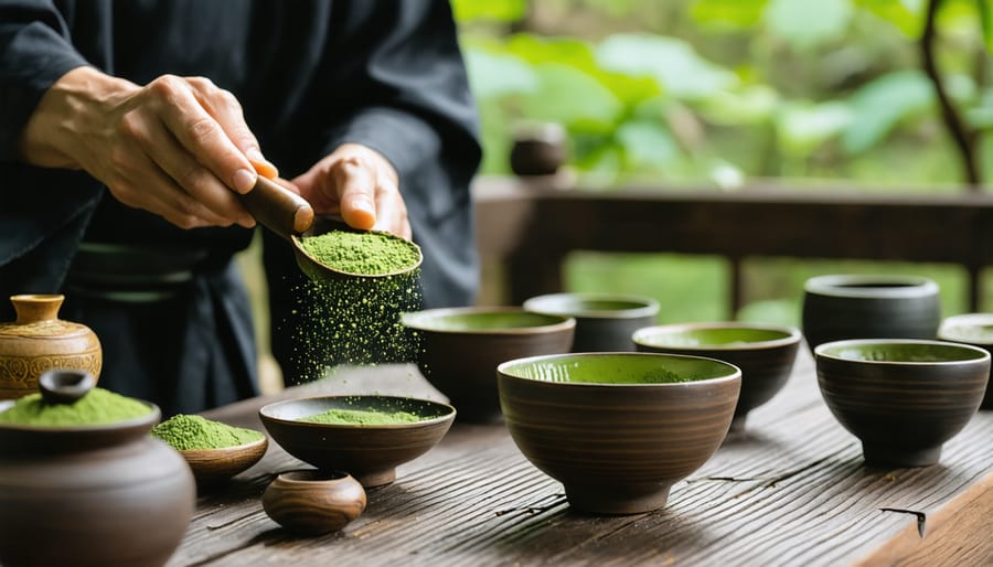 Japanese tea master performing traditional tea ceremony with bamboo whisk and ceremonial bowl