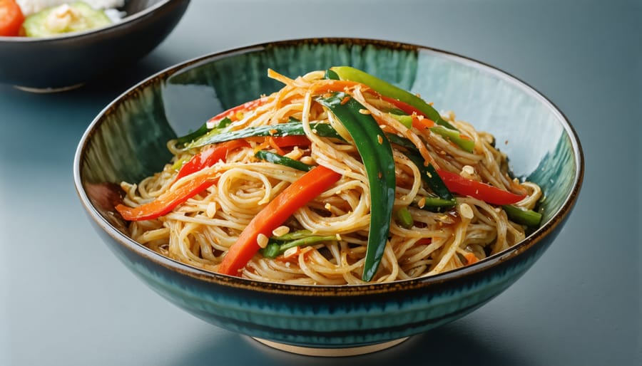 Healthy kelp noodle dish with mixed vegetables in a modern serving bowl