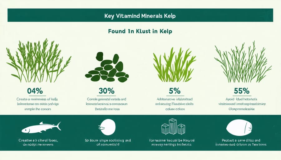 Visual representation of kelp's nutritional content including iodine, iron, calcium, and vitamins