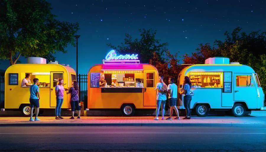 Row of illuminated food trucks serving various cuisines with crowds of people ordering food