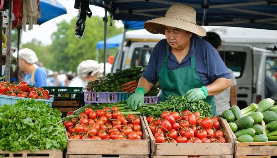 Street food vendor examining fresh vegetables with local farmer at market stall