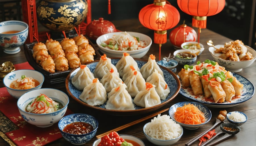 Colorful Lunar New Year table setting with various traditional dishes and red and gold decorations