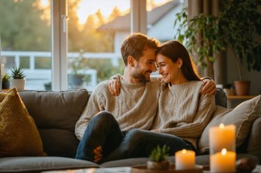 A married couple sitting in a cozy, warmly lit living room, deeply engaged in a supportive conversation, embodying emotional intimacy and stress relief within a harmonious marriage.