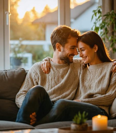 A married couple sitting in a cozy, warmly lit living room, deeply engaged in a supportive conversation, embodying emotional intimacy and stress relief within a harmonious marriage.