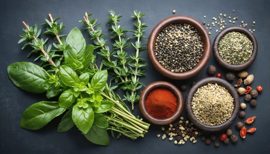 Mediterranean herbs and spice collection displayed in traditional pottery