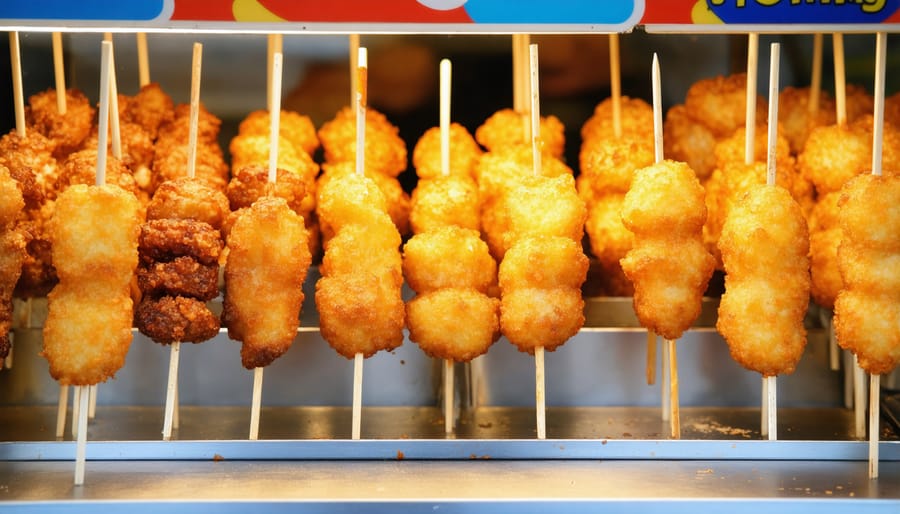 Display of unique Midwestern state fair foods including corn dogs, fried treats, and creative culinary innovations