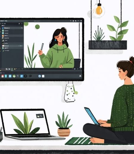 A creative depiction of a millennial embracing a modern lifestyle with minimalist living space, sustainable fashion choices, a laptop, a yoga mat, and symbols of plant-based cuisine, illustrating work-life balance and digital integration.