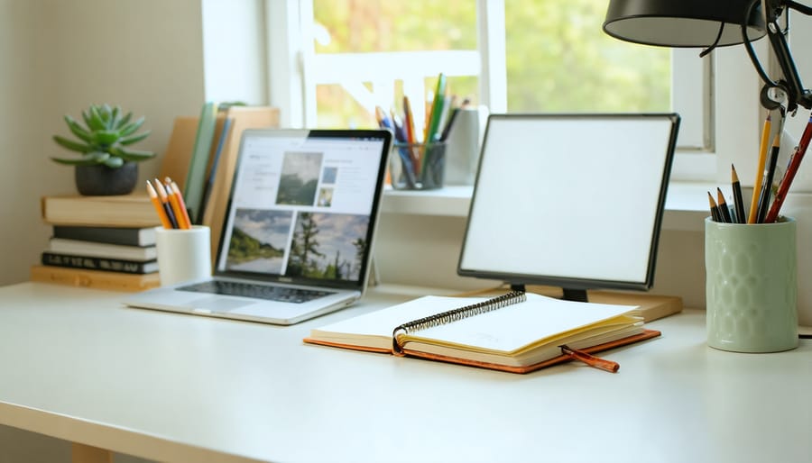 Organized journaling workspace with digital devices and writing materials