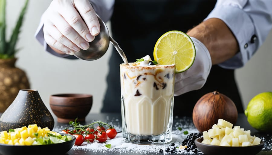 Bartender crafting a modern interpretation of atole with traditional ingredients