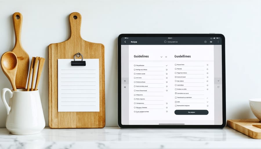 Blend of old and new cooking methods with handwritten recipe cards next to modern technology
