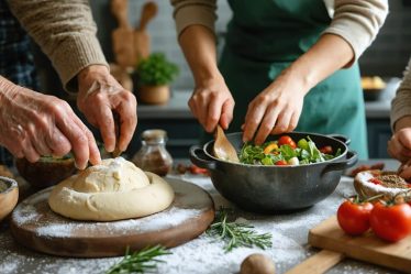A warm kitchen scene showing three generations of a family collaborating to prepare traditional holiday dishes; an elderly person shaping dough, an adult stirring a pot, and a child mixing a salad, illustrating the transmission of cultural and culinary traditions.