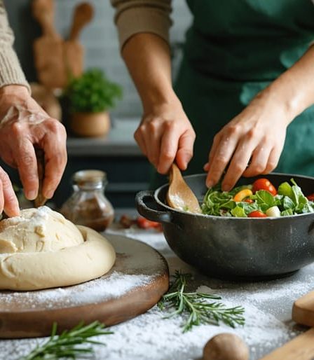 A warm kitchen scene showing three generations of a family collaborating to prepare traditional holiday dishes; an elderly person shaping dough, an adult stirring a pot, and a child mixing a salad, illustrating the transmission of cultural and culinary traditions.