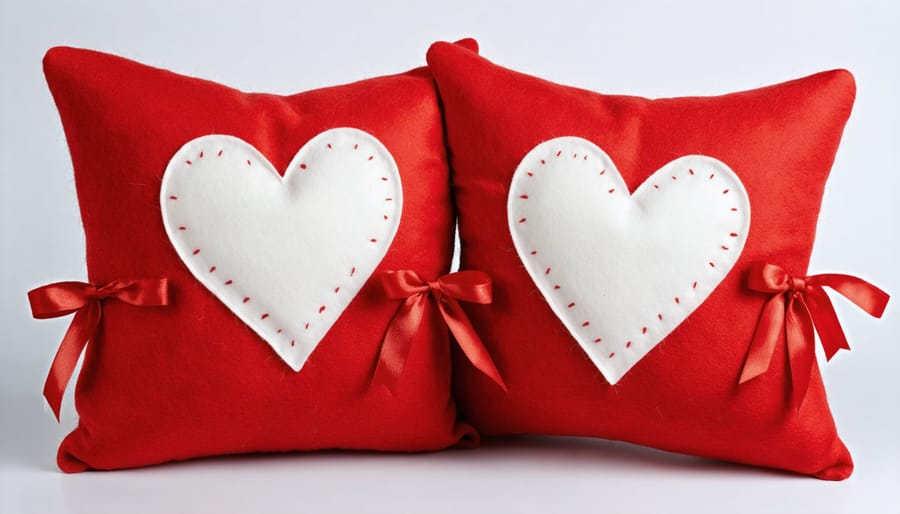 Handmade Valentine's heart pillow created without sewing, featuring red and white felt with decorative ribbon details