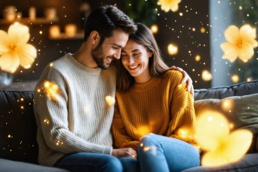 A couple sitting together in a cozy living room, deeply engaged in conversation and surrounded by symbols of mental health and emotional support, representing the importance of mental wellness in strengthening their marriage.