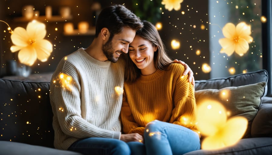 A couple sitting together in a cozy living room, deeply engaged in conversation and surrounded by symbols of mental health and emotional support, representing the importance of mental wellness in strengthening their marriage.