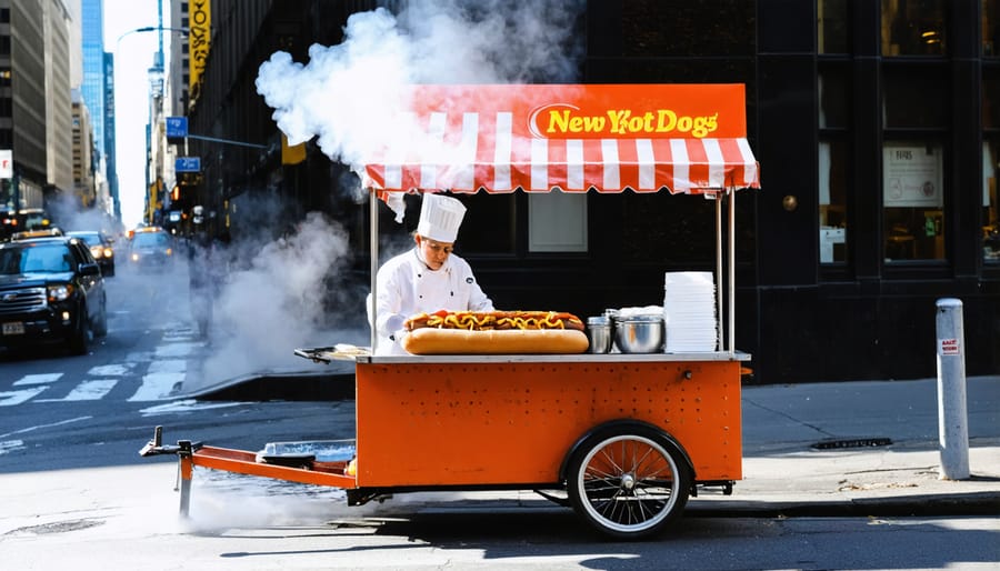 Traditional New York City hot dog vendor serving customers from a stainless steel cart with yellow and blue umbrella