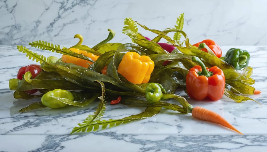 A vibrant and fresh arrangement of kelp intertwined with colorful vegetables on a marble surface, highlighting its nutrient-rich properties and culinary versatility.