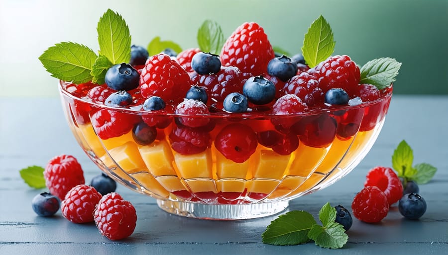 Beautiful layered fruit dessert with strawberries and blueberries suspended in clear plant-based gelatin