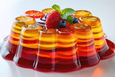 "A visually appealing display of paleo-friendly desserts made with plant-based gelatin, featuring layers of vibrant fruit jellies and custards in clear gelatin, emphasizing the elegance and innovation of using natural gelling agents like agar-agar and carrageenan."