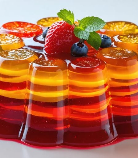 "A visually appealing display of paleo-friendly desserts made with plant-based gelatin, featuring layers of vibrant fruit jellies and custards in clear gelatin, emphasizing the elegance and innovation of using natural gelling agents like agar-agar and carrageenan."