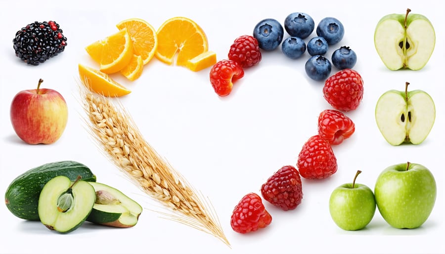 A heart-shaped arrangement featuring various plant-based, fiber-rich foods, highlighting the connection between fiber and overall wellness, including apples, berries, quinoa, oats, and green vegetables.