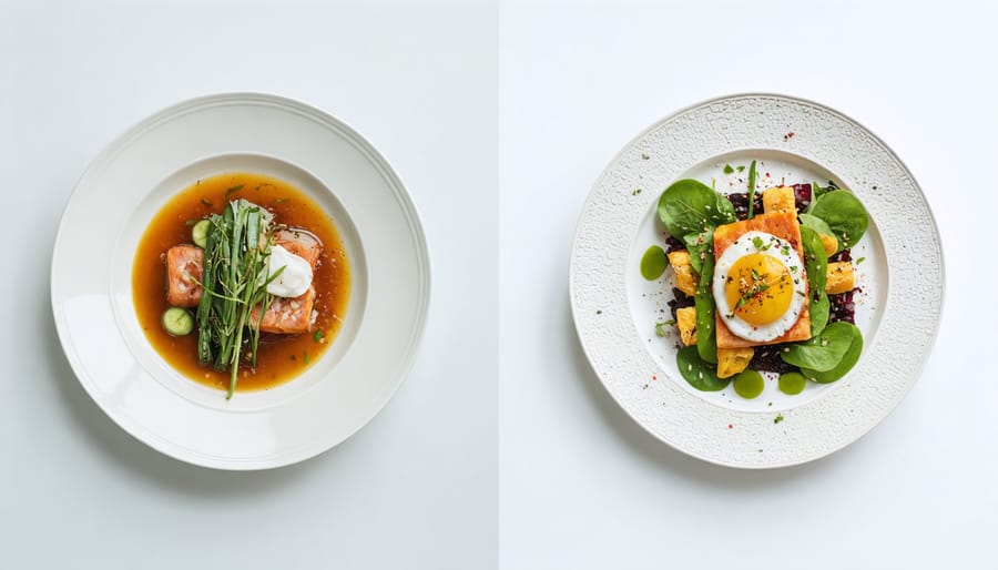 Side-by-side comparison of basic versus artistic plating of the same dish