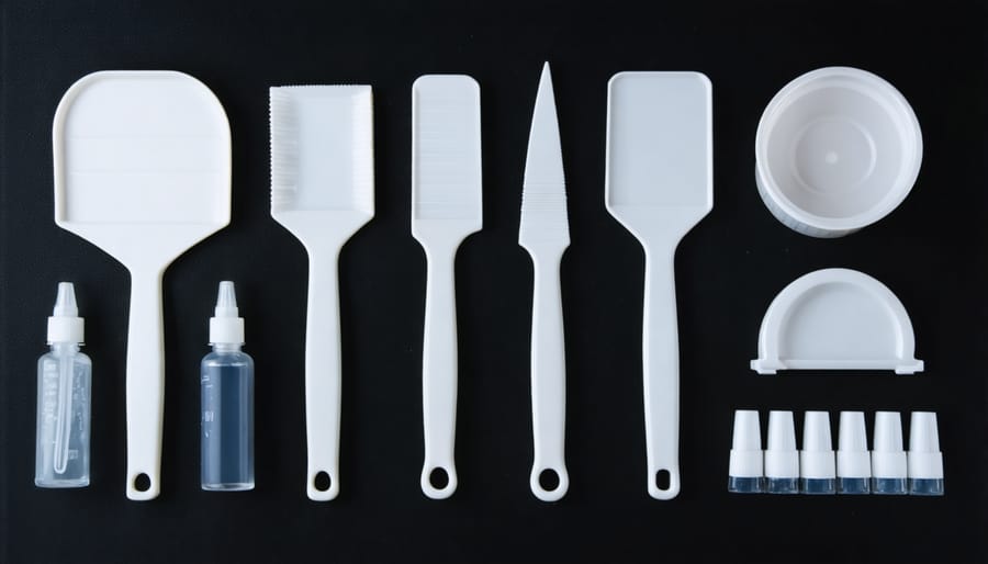 Essential food plating tools arranged on a black surface including tweezers, squeeze bottles, and ring molds