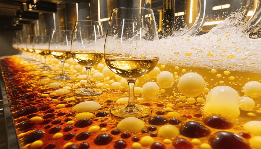 Bubbling wine must during active primary fermentation with visible CO2 release
