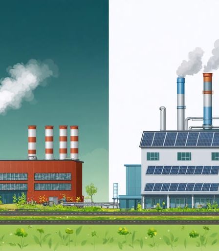 Split-screen illustration comparing traditional rayon production with modern sustainable methods using closed-loop systems for chemical recovery and energy efficiency.
