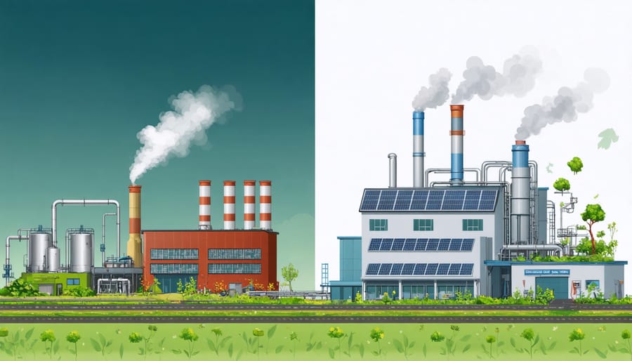 Split-screen illustration comparing traditional rayon production with modern sustainable methods using closed-loop systems for chemical recovery and energy efficiency.