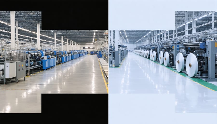 Side-by-side comparison of traditional and modern eco-friendly rayon manufacturing facilities