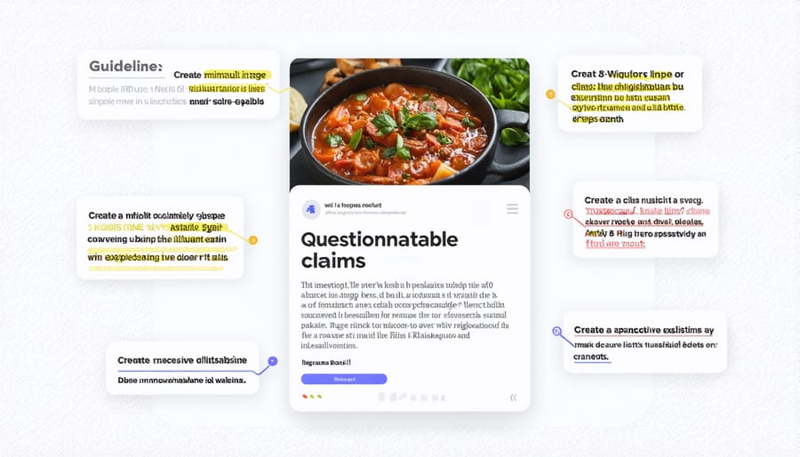 Social media recipe post with annotated red flags pointing out misleading nutrition claims and unrealistic prep times
