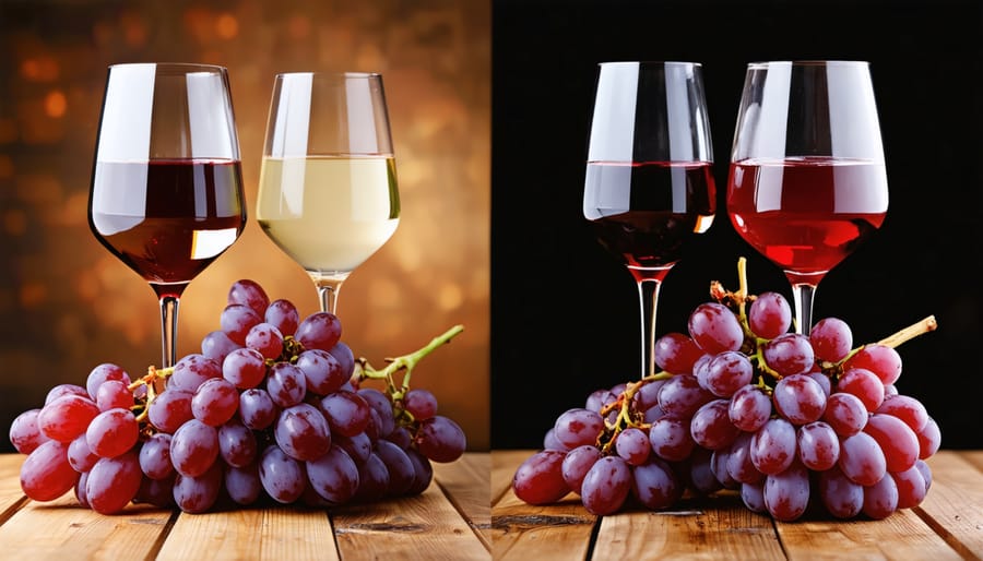 Contrasting fermentation vessels showing red wine with grape skins and clear white wine must
