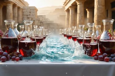 Conceptual illustration of the Biblical miracle of turning water into wine at the Wedding at Cana, symbolizing divine transformation and spiritual significance through ancient water jars and modern wine glasses.