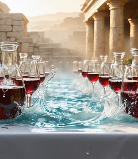 Conceptual illustration of the Biblical miracle of turning water into wine at the Wedding at Cana, symbolizing divine transformation and spiritual significance through ancient water jars and modern wine glasses.