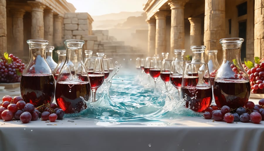 Conceptual illustration of the Biblical miracle of turning water into wine at the Wedding at Cana, symbolizing divine transformation and spiritual significance through ancient water jars and modern wine glasses.