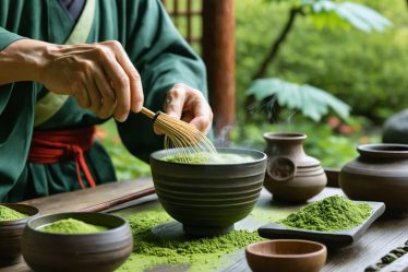 Japanese tea master performing a traditional matcha ceremony, showcasing ceremonial tools like a bamboo whisk and bowl, in a tranquil garden setting.